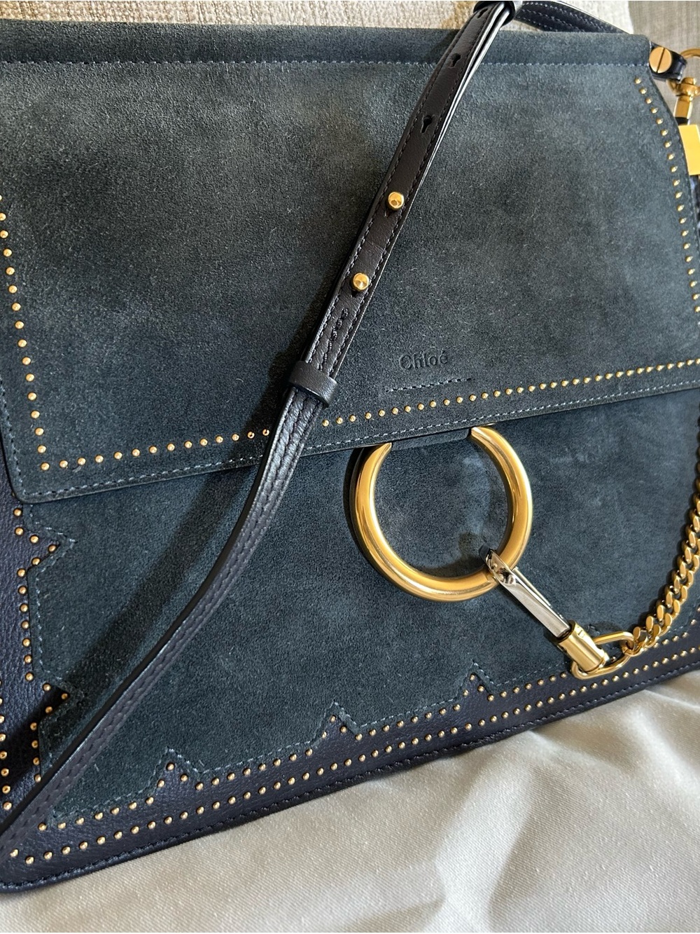 Chloé Navy Medium Studded Faye Suede Shoulder Bag with Gold Ring & Chain - Picture 2 of 16